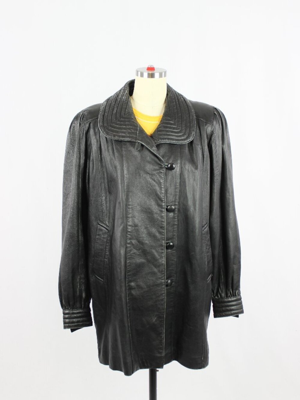 Vintage 80's/90's Tiger Label Black Leather Puff Sleeve Jacket Car Coat, Size M